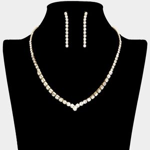 Gold Round Rhinestone Necklace Chain Crystal Black Tie Formal Jewelry Set
